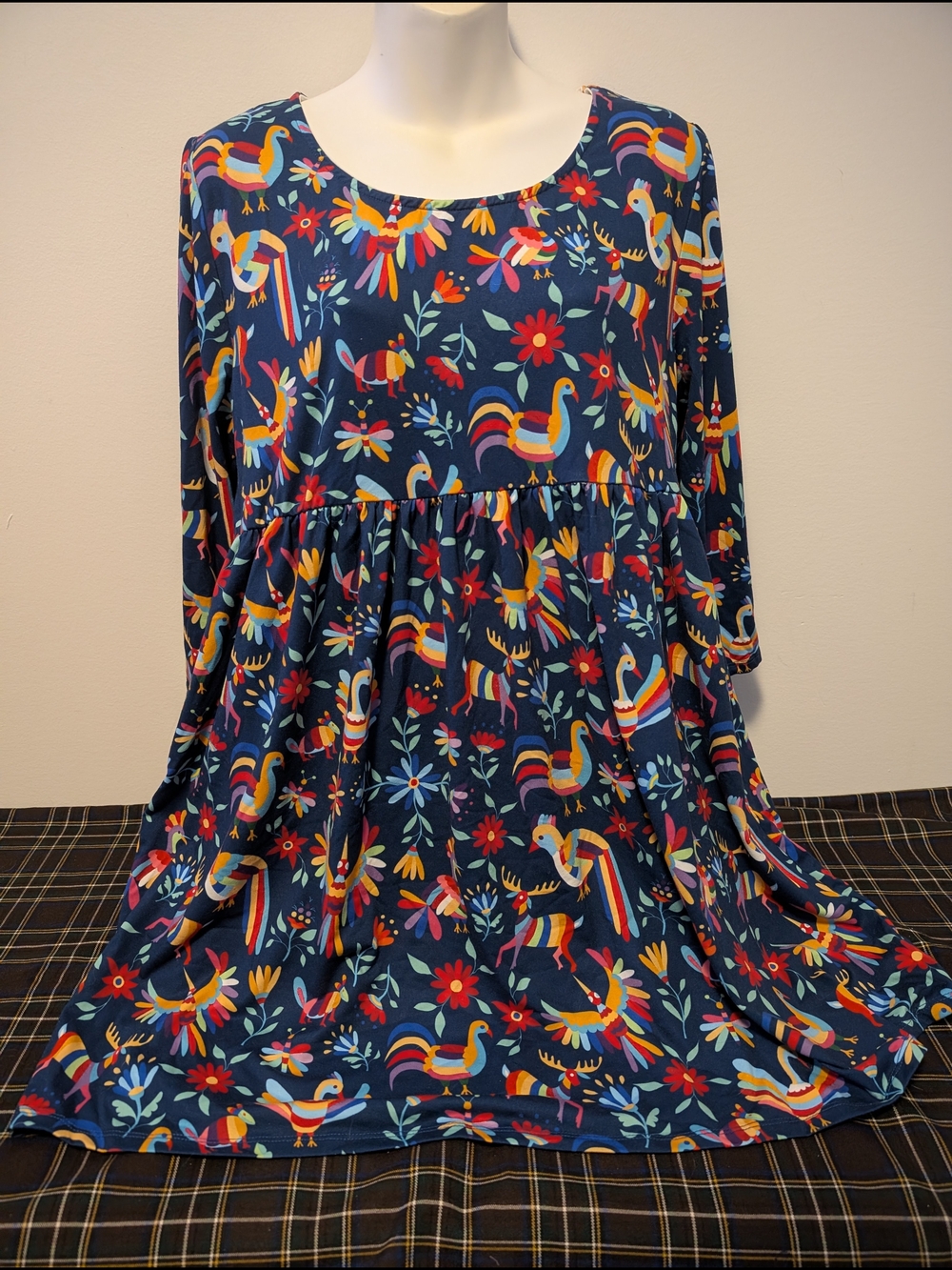 Navy Blue Floral & Bird Print Dress LG